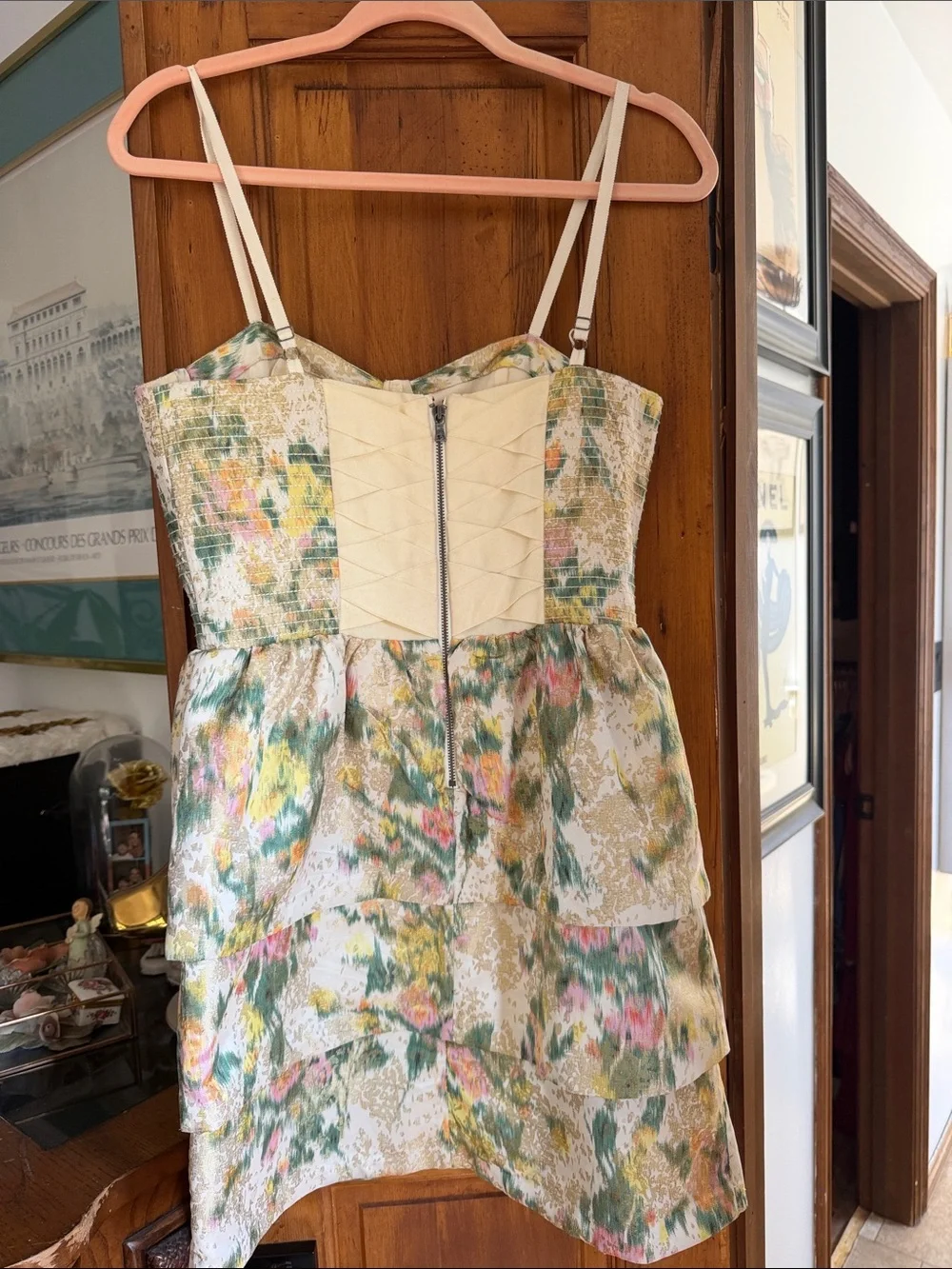 Alice + Olivia Cream Bustier Mini Dress with Green & Pink Floral Jacquard
